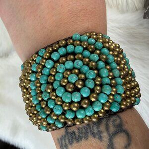 Reconstituted Turquoise & Brass Beads Woven Wide Cuff Bracelet Swirl